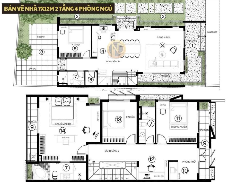 Bản vẽ nhà 7x12m 2 tầng 4 phòng ngủ