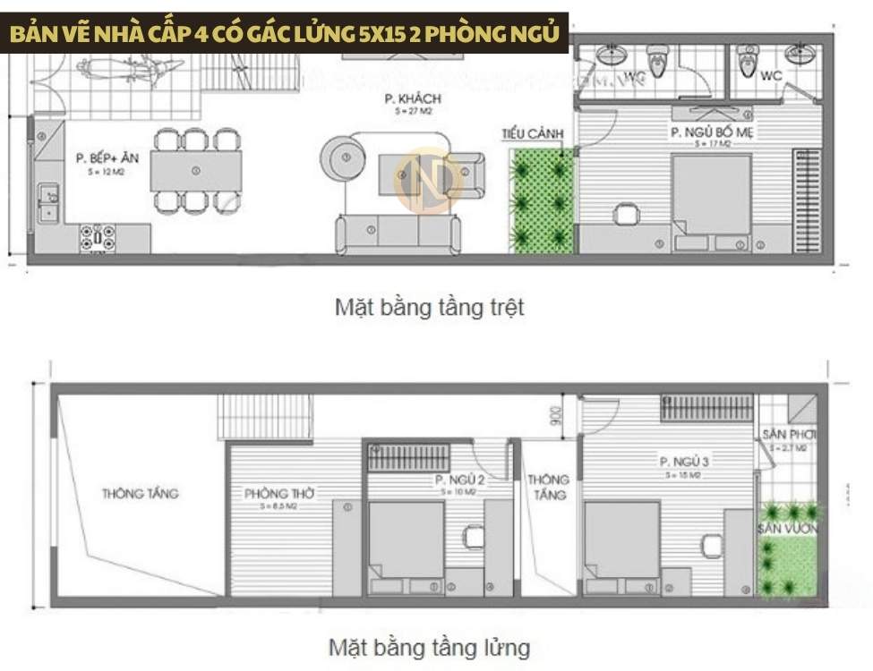 Bản vẽ nhà cấp 4 có gác lửng 5x15 2 phòng ngủ