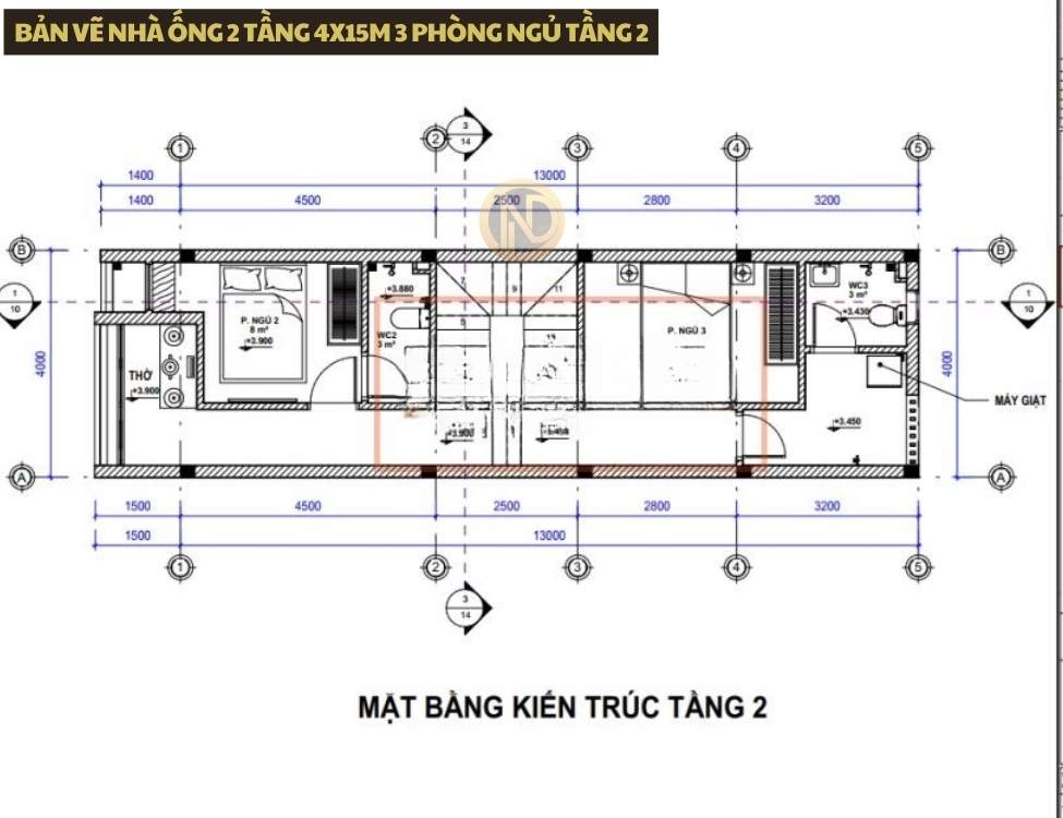 Bản vẽ nhà ống 2 tầng 4x15m 3 phòng ngủ tầng 2
