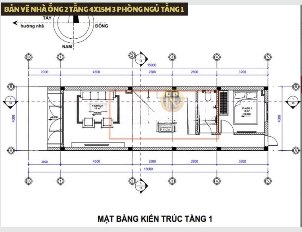 Bản vẽ nhà ống 2 tầng 4x15m 3 phòng ngủ tầng 1
