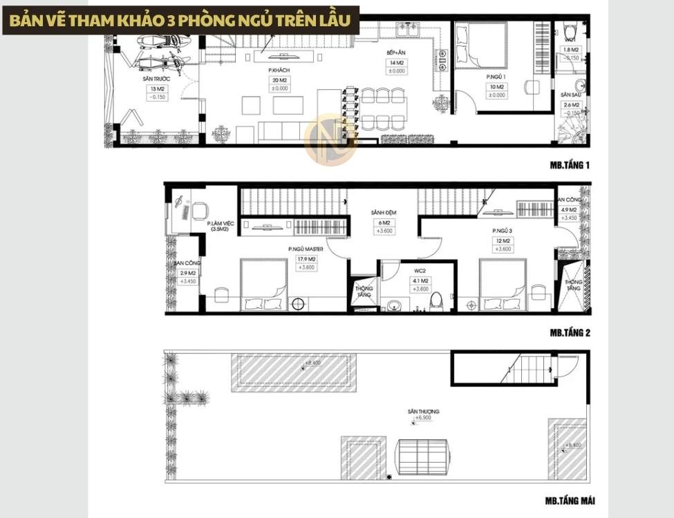 Bản vẽ tham khảo 3 phòng ngủ trên lầu