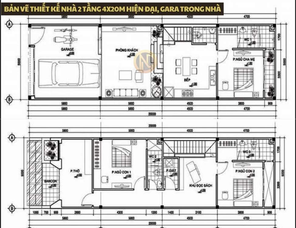 Bản vẽ thiết kế nhà 2 tầng 4x20m hiện đại, gara trong nhà