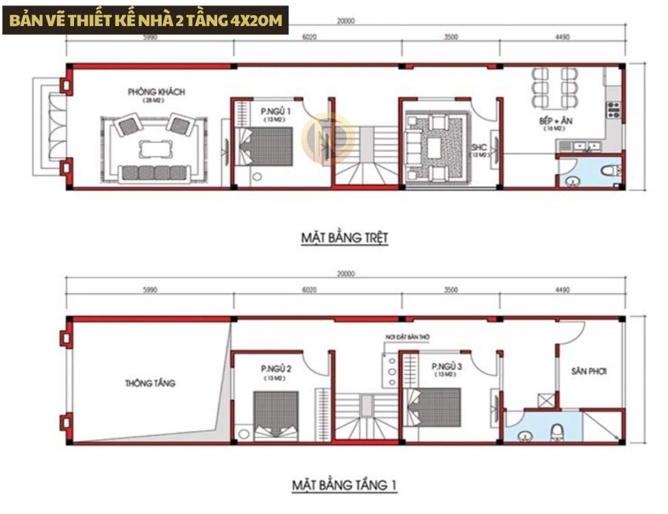 Bản vẽ thiết kế nhà 2 tầng 4x20m