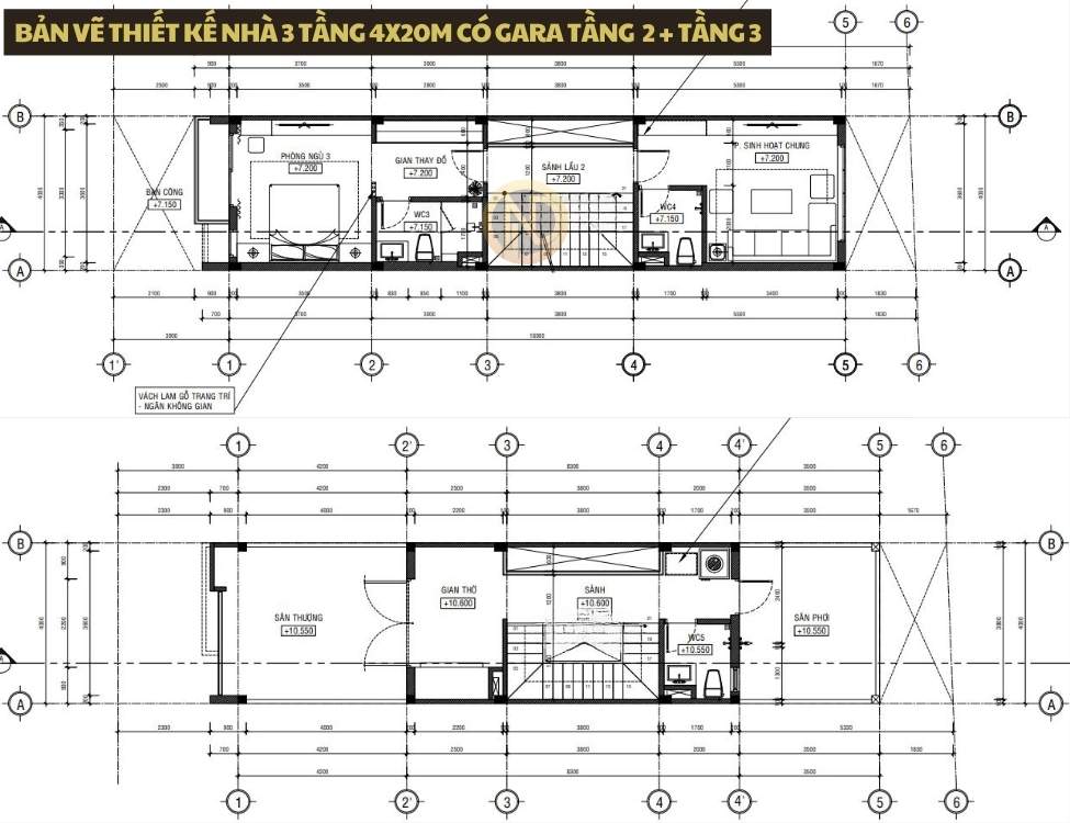 Bản vẽ thiết kế nhà 3 tầng 4x20m có gara và sảnh đệm