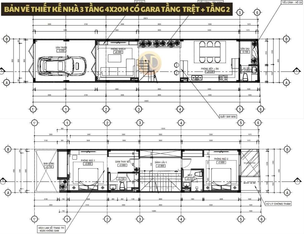Bản vẽ thiết kế nhà 3 tầng 4x20m có gara và sảnh đệm