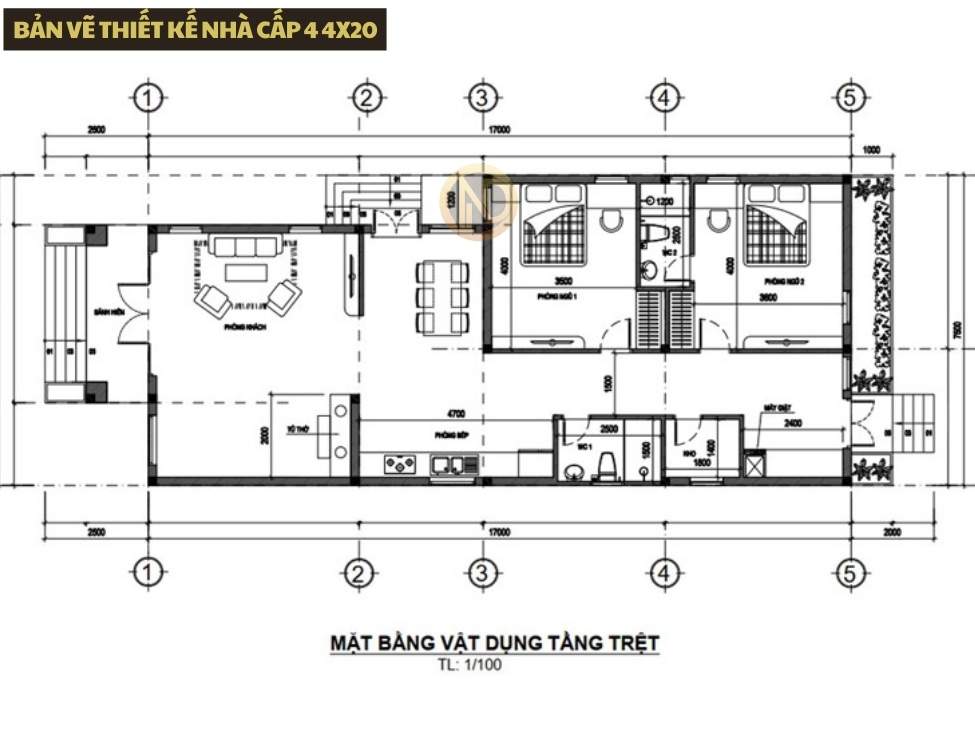 Bản vẽ thiết kế nhà cấp 4 4x20