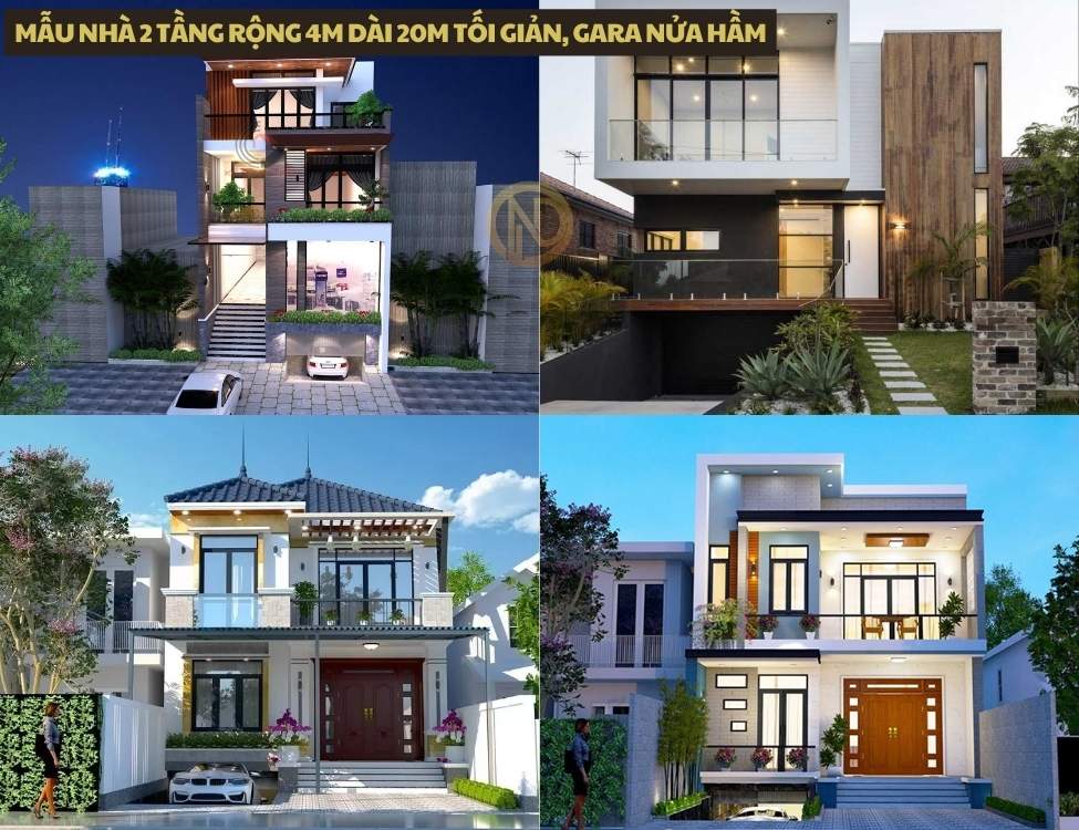 Mẫu nhà 2 tầng rộng 4m dài 20m tối giản, gara nửa hầm
