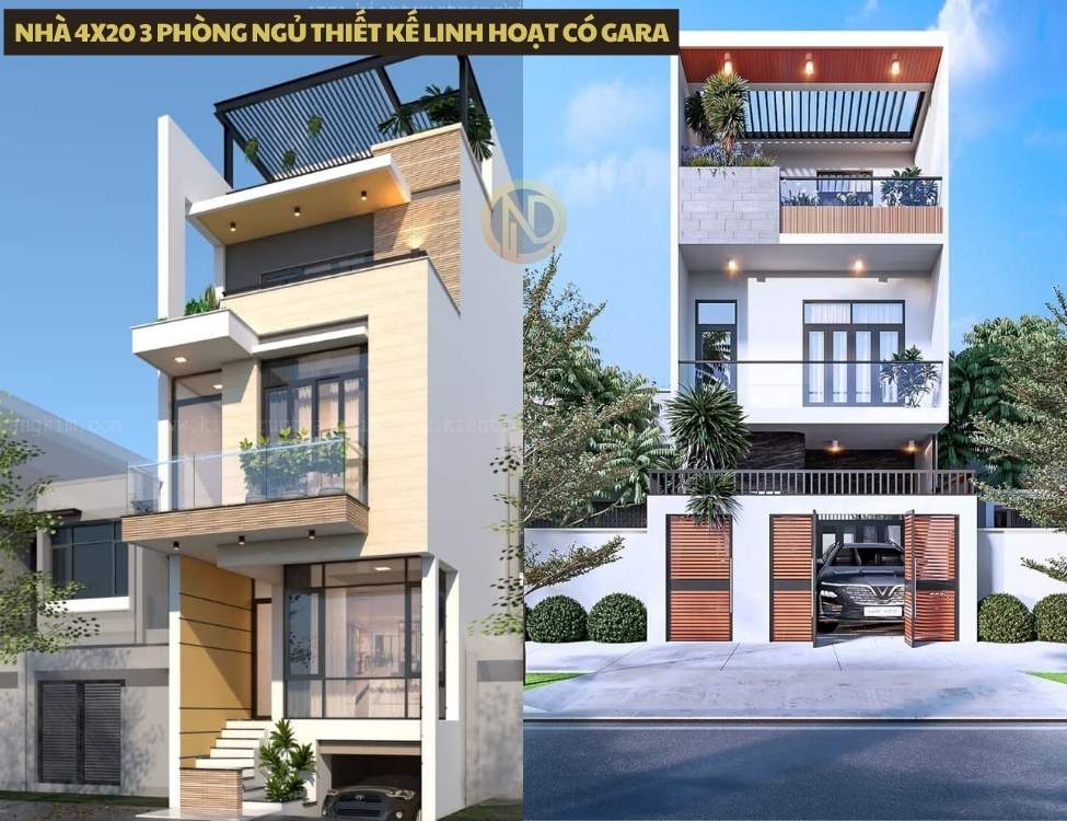 Mẫu nhà 3 phòng ngủ tầng rộng 4m dài 20m với gara
