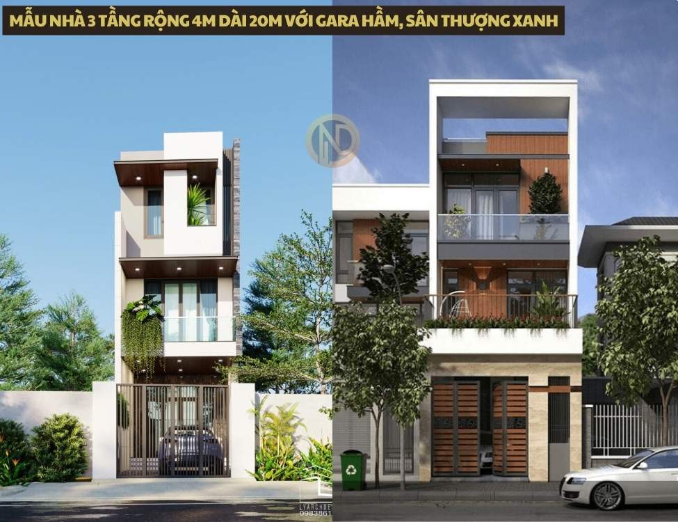 Mẫu nhà 3 tầng rộng 4m dài 20m với gara