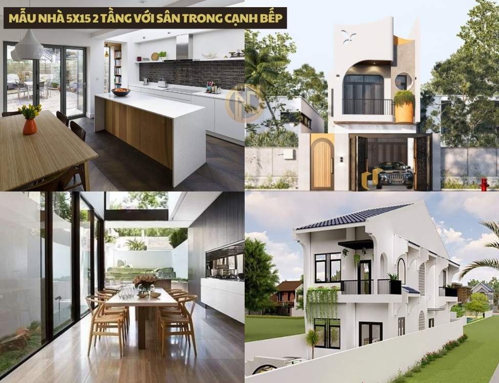 Mẫu nhà 5x15 2 tầng với sân trong cạnh bếp