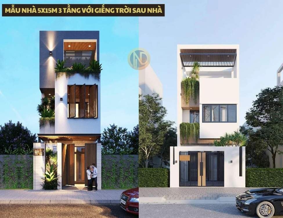 Mẫu nhà 5x15m 3 tầng với giếng trời sau nhà