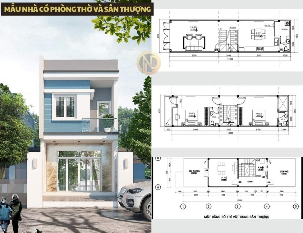 Mẫu nhà có phòng thờ và sân thượng