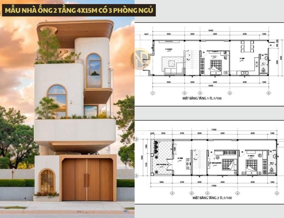 Mẫu nhà ống 2 tầng 4x15m có 3 phòng ngủ