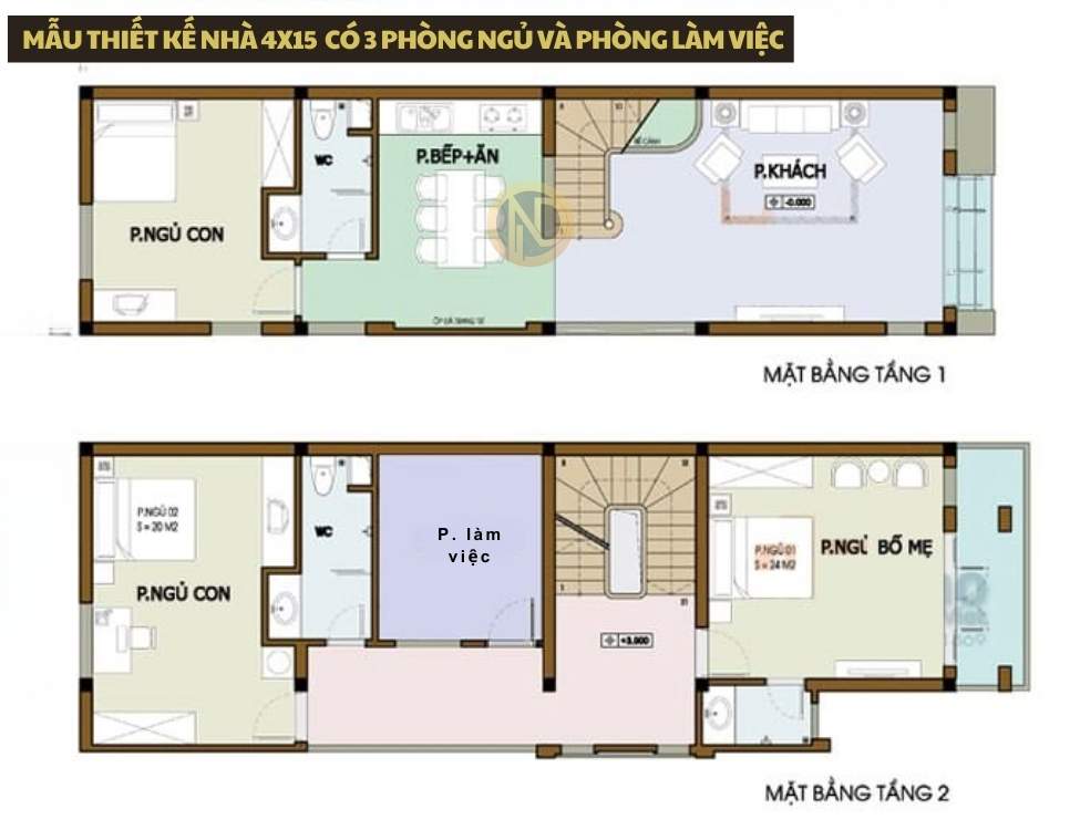 Mẫu thiết kế nhà 4x15 có 3 phòng ngủ và phòng làm việc