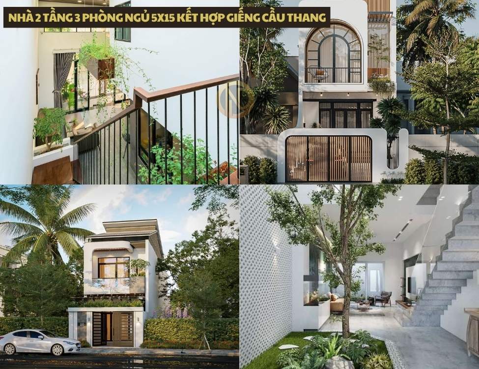 Nhà 2 tầng 3 phòng ngủ 5x15 kết hợp giếng cầu thang