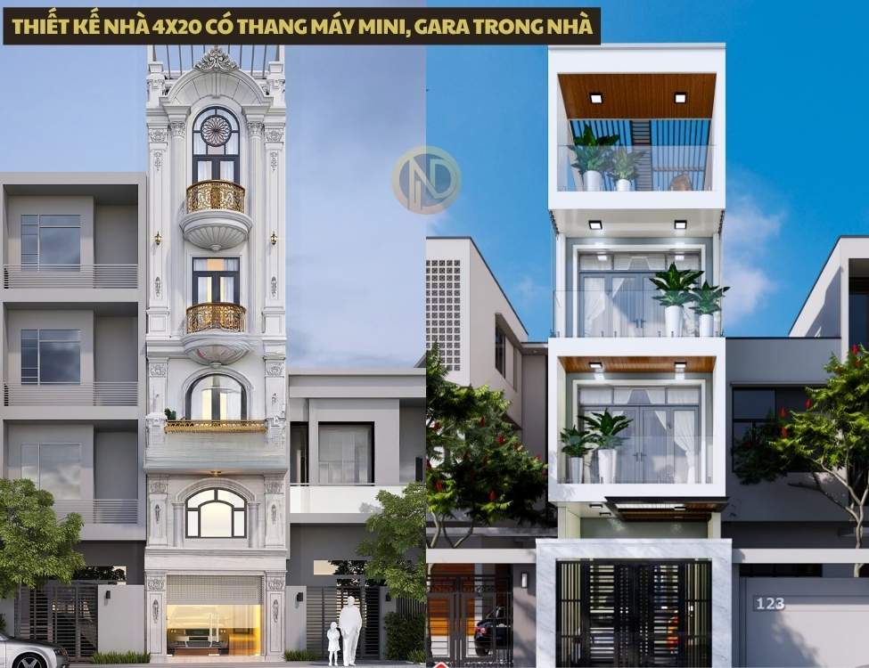Thiết kế nhà 4x20 có thang máy mini, gara trong nhà