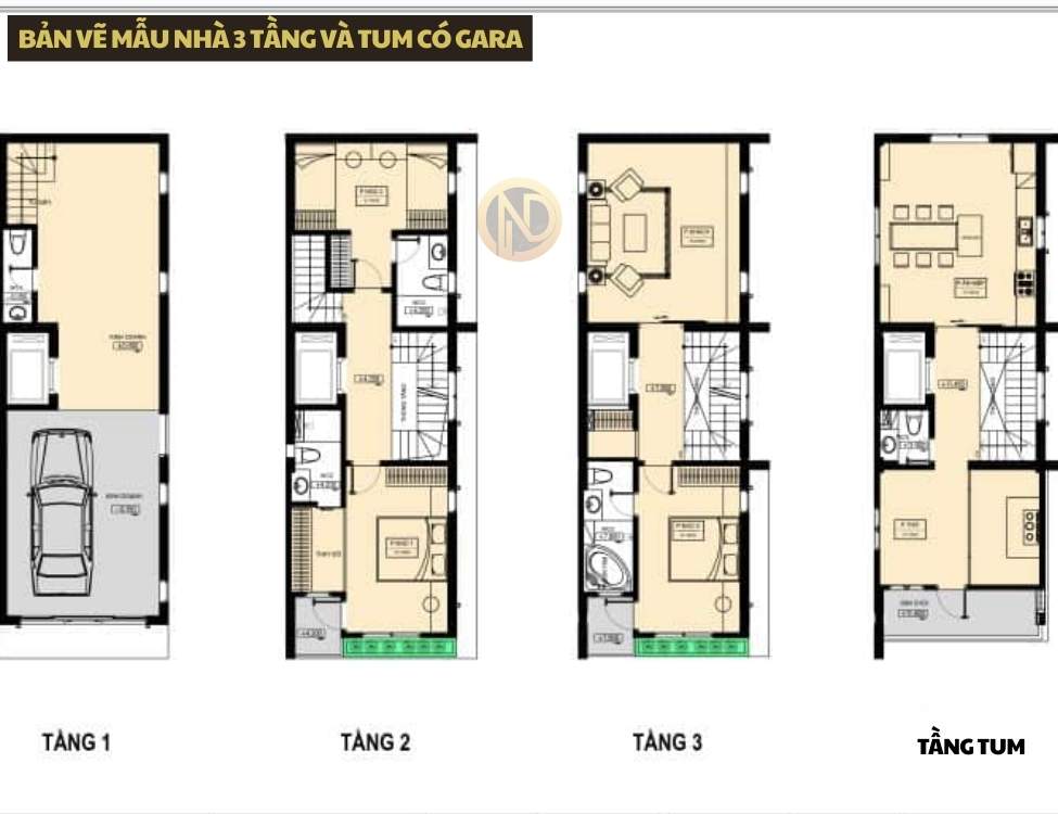 bản vẽ Mẫu Nhà 3 tầng và tum có gara