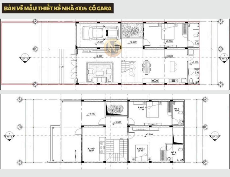 bản vẽ Mẫu thiết kế nhà 4x15 có gara