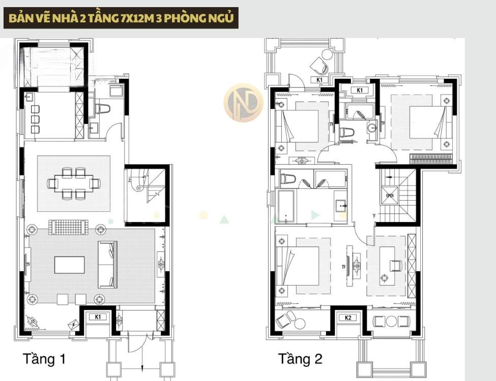 bản vẽ Nhà 2 tầng 7x12m 3 phòng ngủ