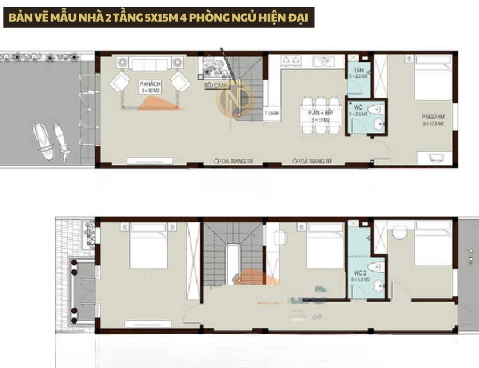 bản vẽ mẫu nhà 2 tầng 5x15m 4 phòng ngủ hiện đại 