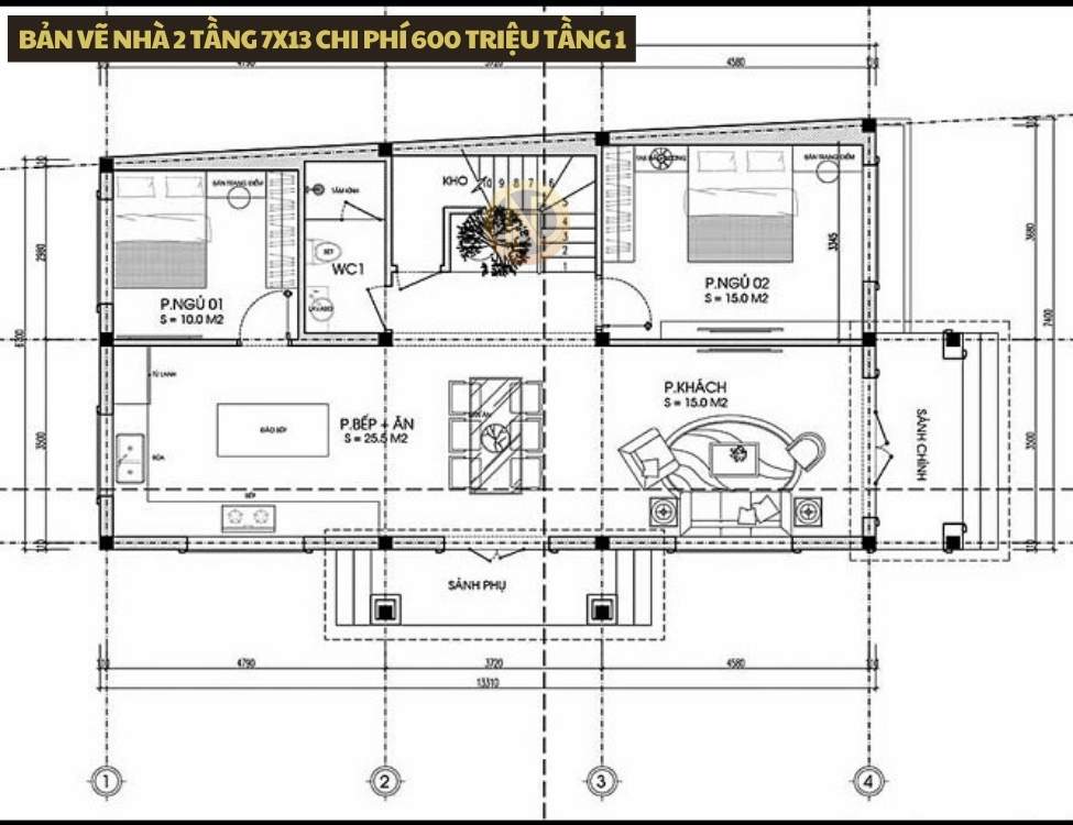 bản vẽ nhà 2 tầng 7x13 chi phí 600 triệu tầng 1