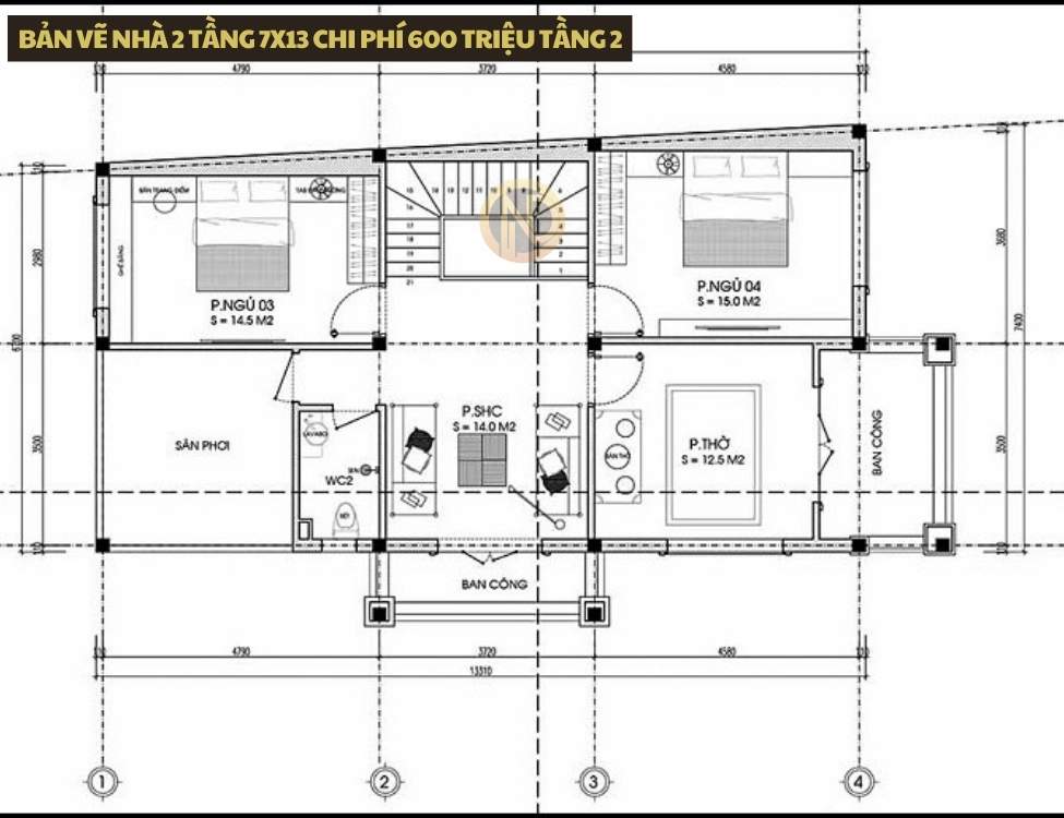 bản vẽ nhà 2 tầng 7x13 chi phí 600 triệu tầng 2