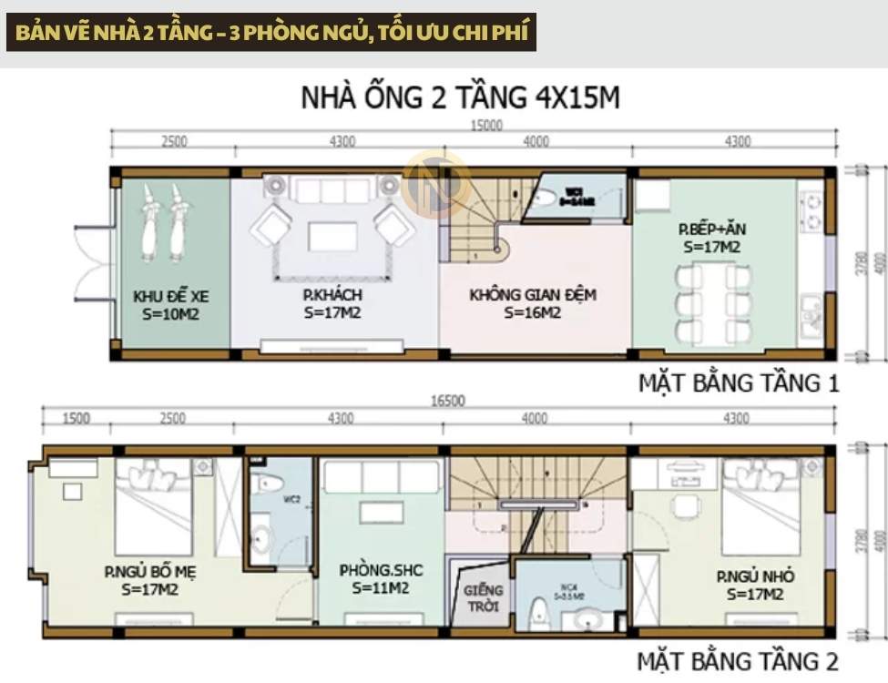 bản vẽ nhà 2 tầng có 3 phòng ngủ, tối ưu chi phí