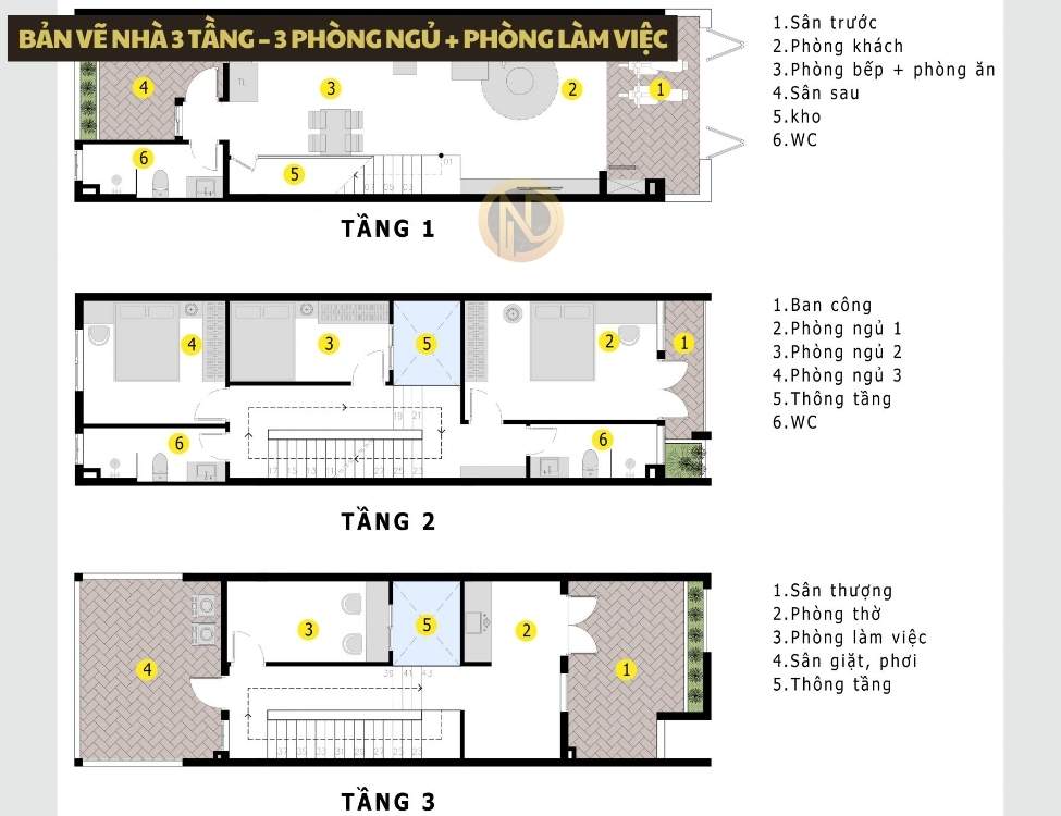 Bản vẽ nhà 3 tầng có 3 phòng ngủ và phòng làm việc