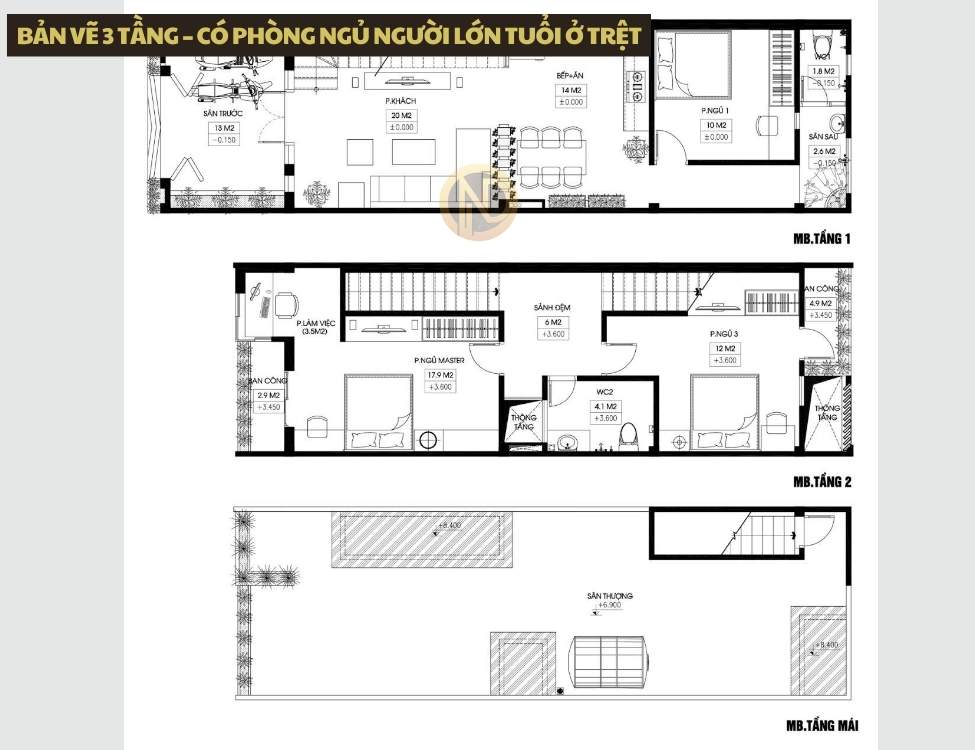 bản vẽ nhà 3 tầng có phòng ngủ người lớn tuổi ở trệt