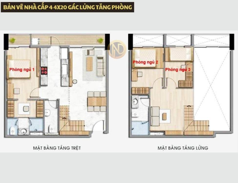 bản vẽ nhà cấp 4 4x20 Gác lửng tăng phòng