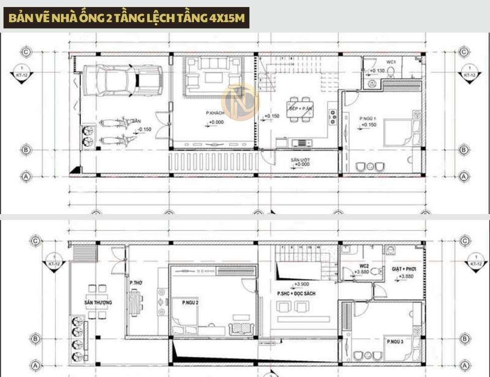 bản vẽ nhà ống 2 tầng lệch tầng 4x15m