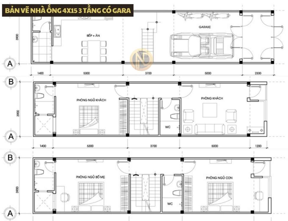 bản vẽ nhà ống 4x15 3 tầng có gara