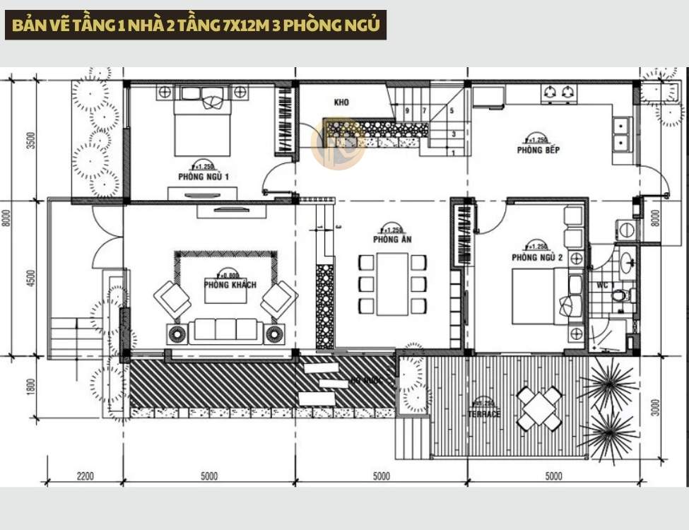bản vẽ tầng 1 Nhà 2 tầng 7x12m 3 phòng ngủ