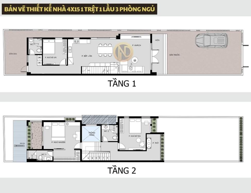 bản vẽ thiết kế nhà 4x15 1 trệt 1 lầu 3 phòng ngủ