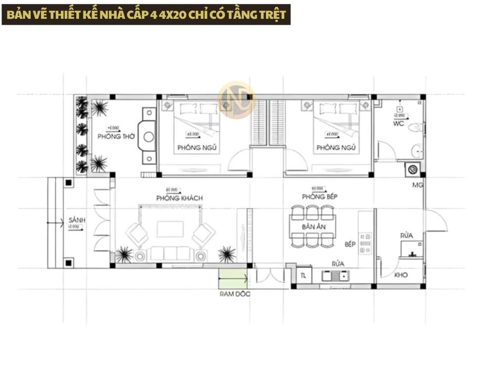bản vẽ thiết kế nhà cấp 4 4x20 chỉ có tầng trệt