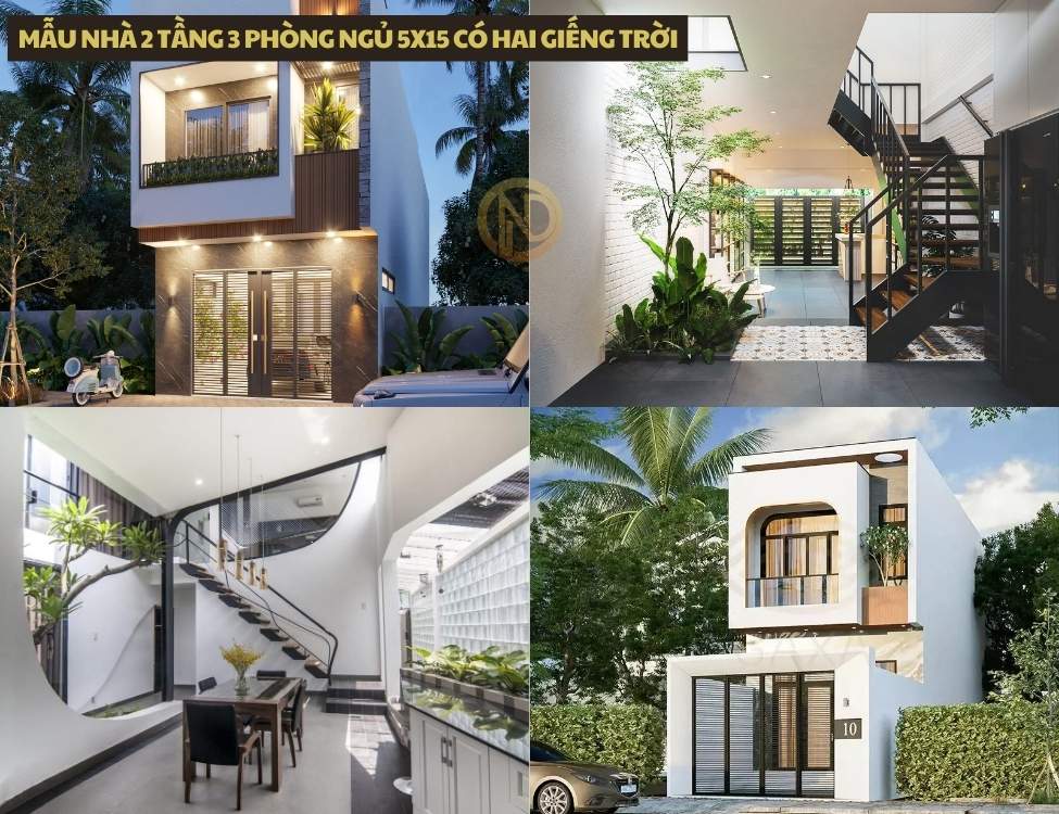 mẫu nhà 2 tầng 3 phòng ngủ 5x15 có Hai giếng trời