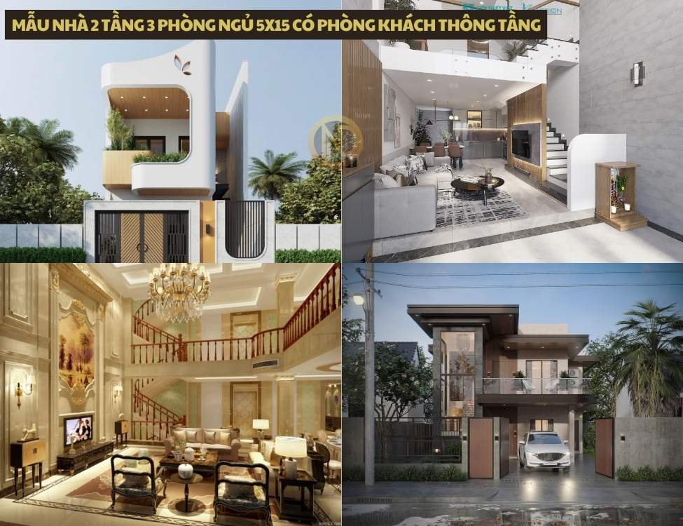mẫu nhà 2 tầng 3 phòng ngủ 5x15 có Phòng khách thông tầng