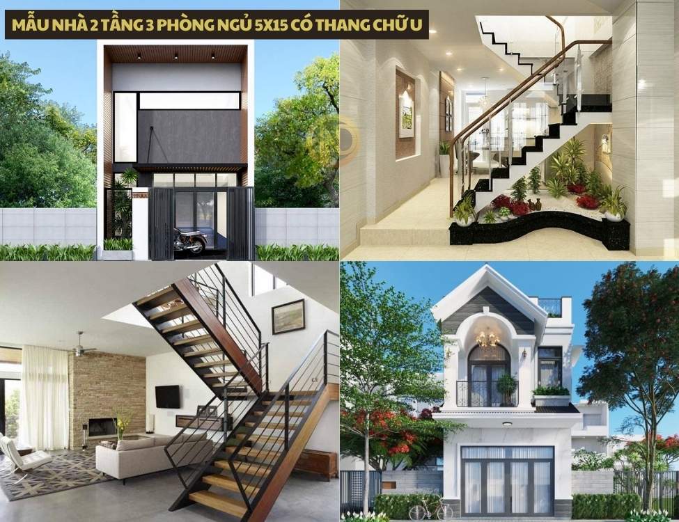 mẫu nhà 2 tầng 3 phòng ngủ 5x15 có Thang chữ U