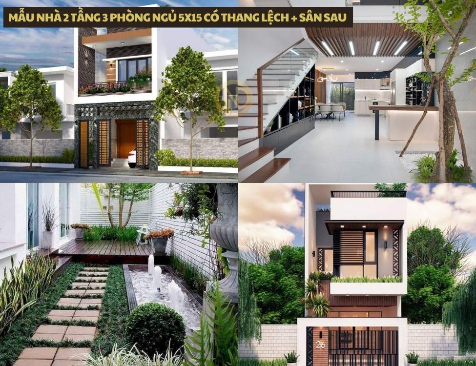 mẫu nhà 2 tầng 3 phòng ngủ 5x15 có Thang lệch và sân sau 