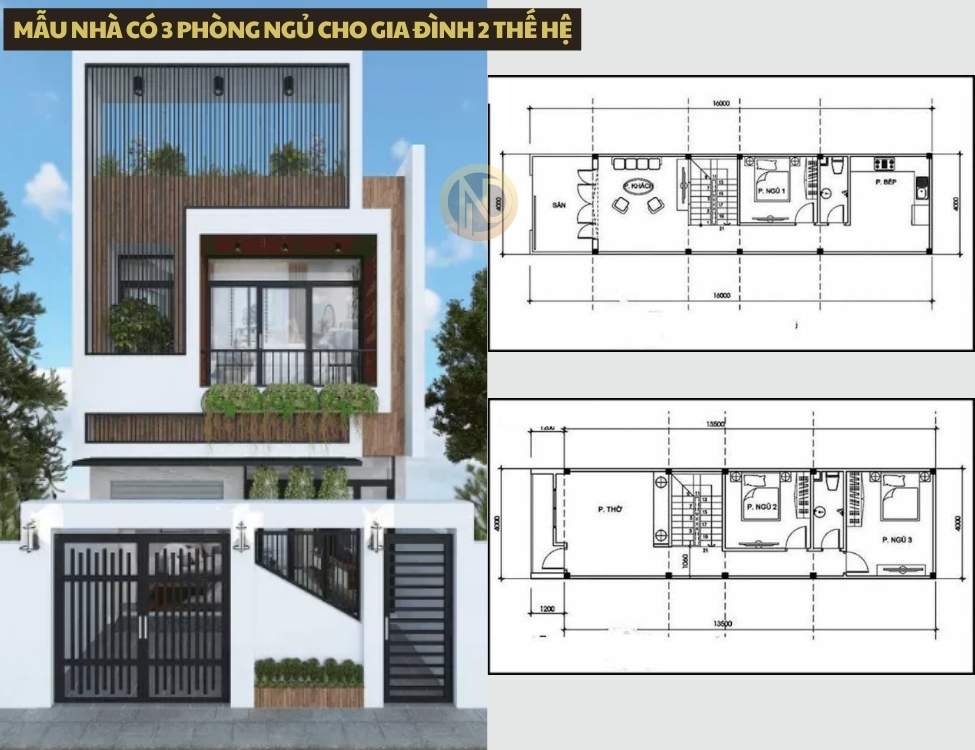 mẫu nhà có 3 phòng ngủ cho gia đình 2 thế hệ