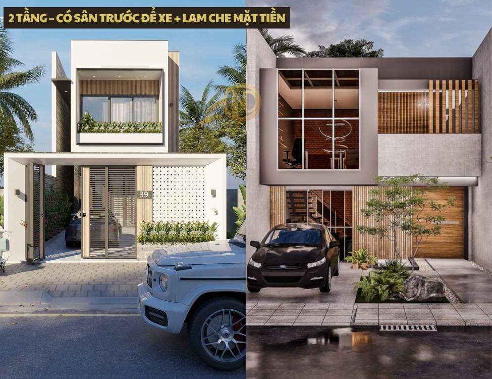 nhà 2 tầng có sân trước để xe và lam che mặt tiền