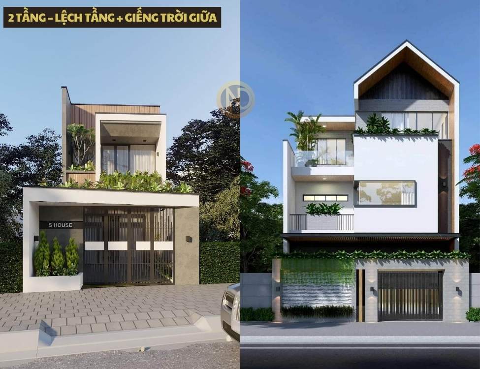 nhà 2 tầng lệch tầng có giếng trời giữa