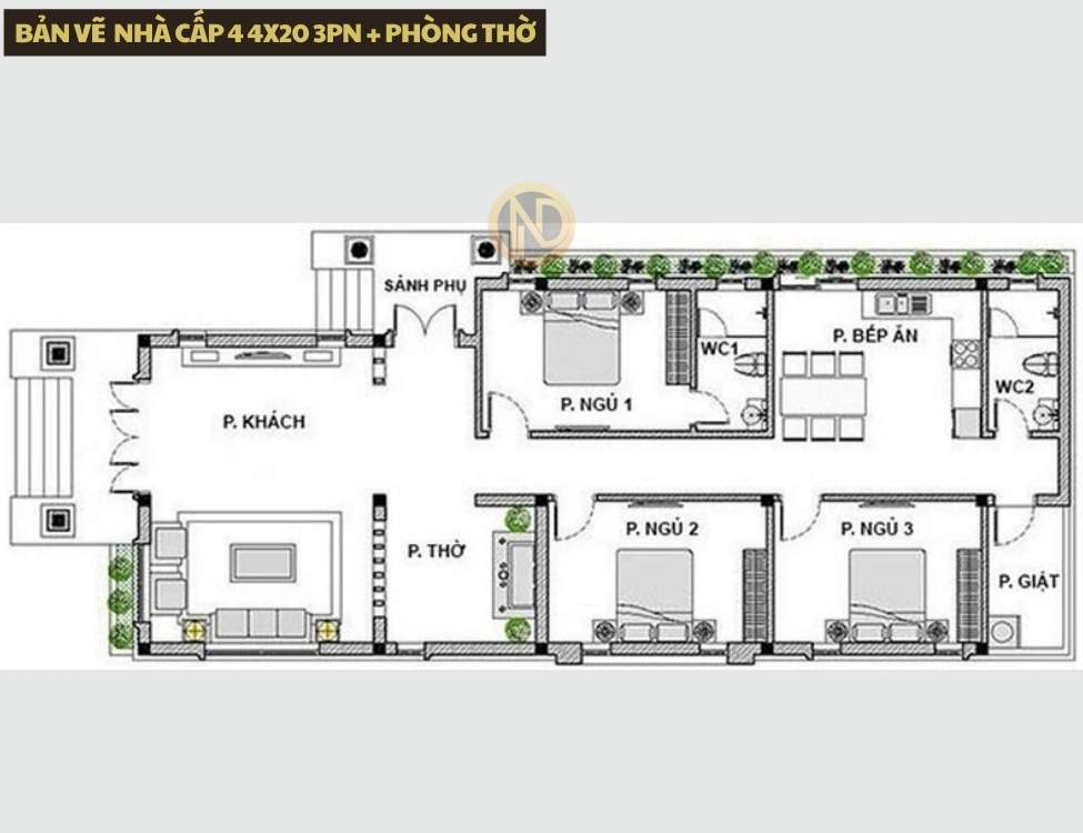 bản vẽ nhà cấp 4 4x20 3PN + phòng thờ