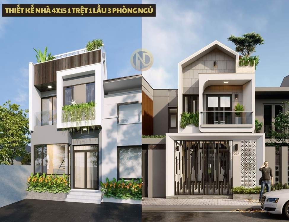 thiết kế nhà 4x15 1 trệt 1 lầu 3 phòng ngủ