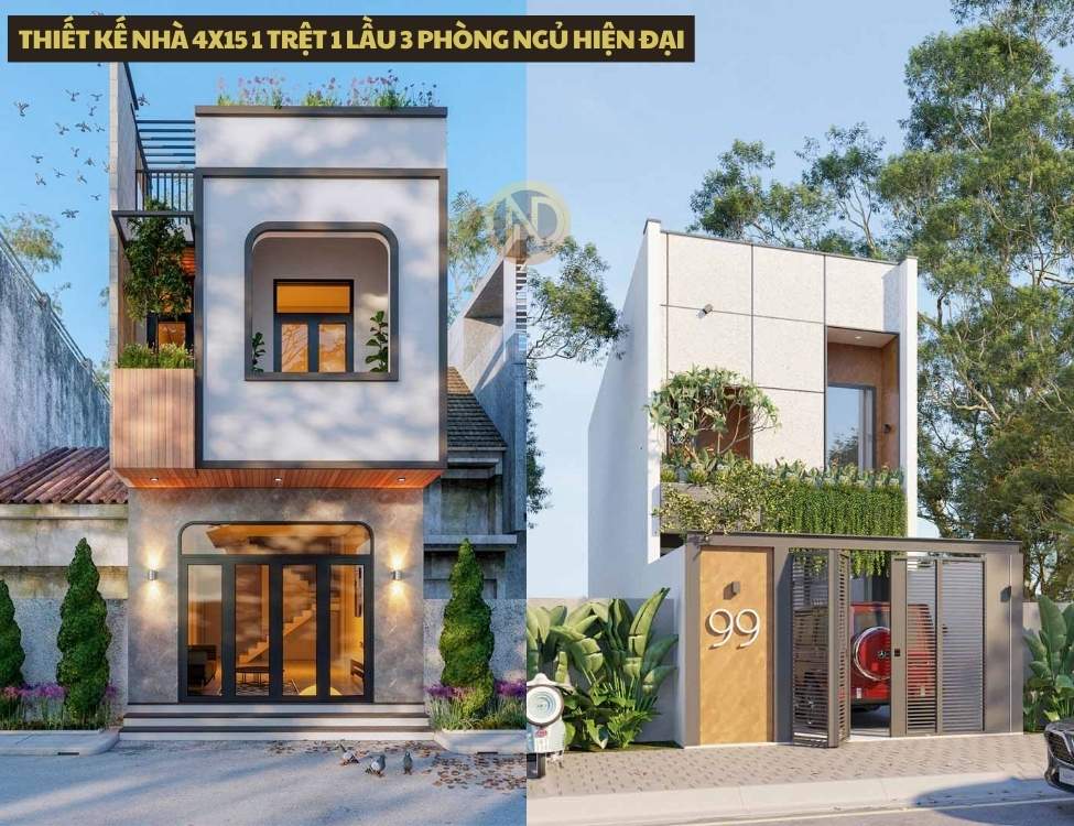 thiết kế nhà 4x15 1 trệt 1 lầu 3 phòng ngủ