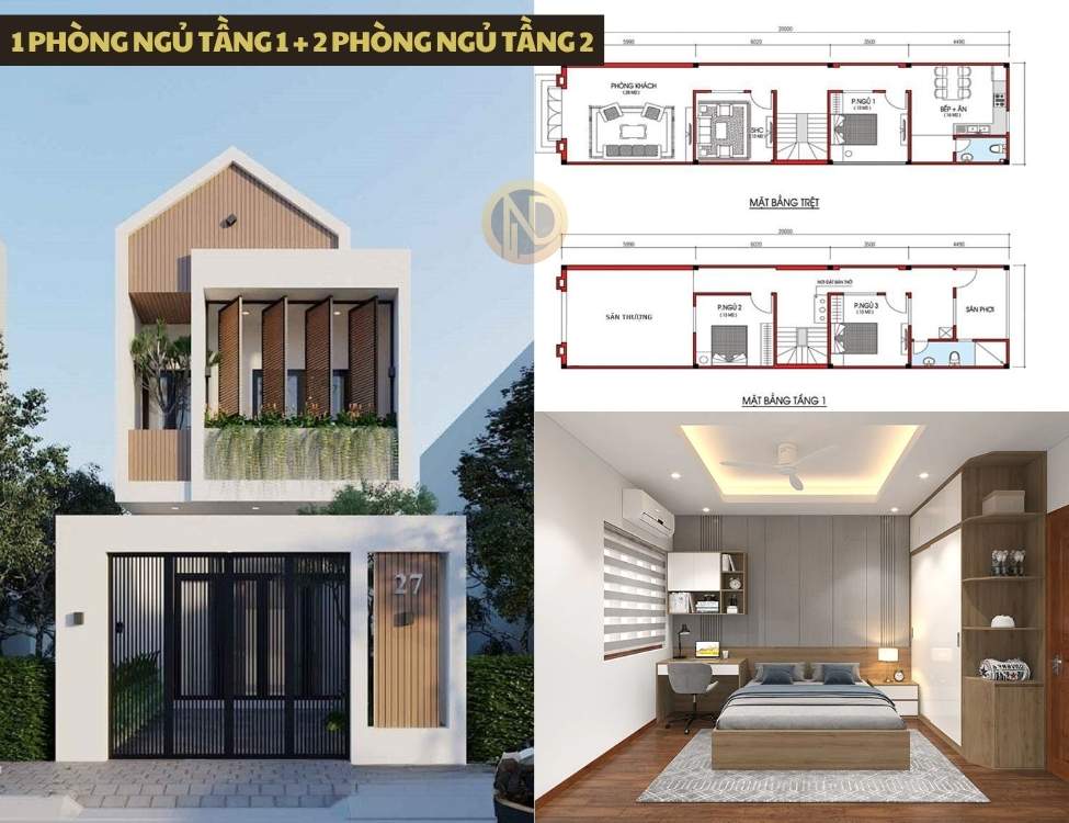 1 phòng ngủ tầng 1 và 2 phòng ngủ tầng 2