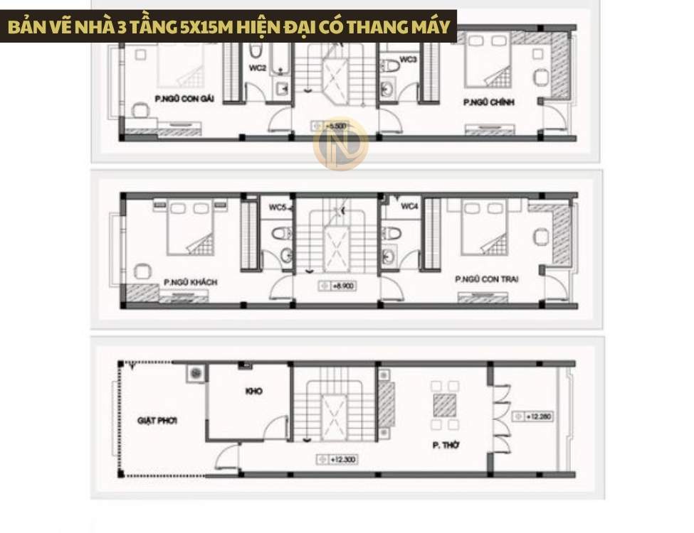 Bản vẽ Nhà 3 tầng 5x15m hiện đại có thang máy