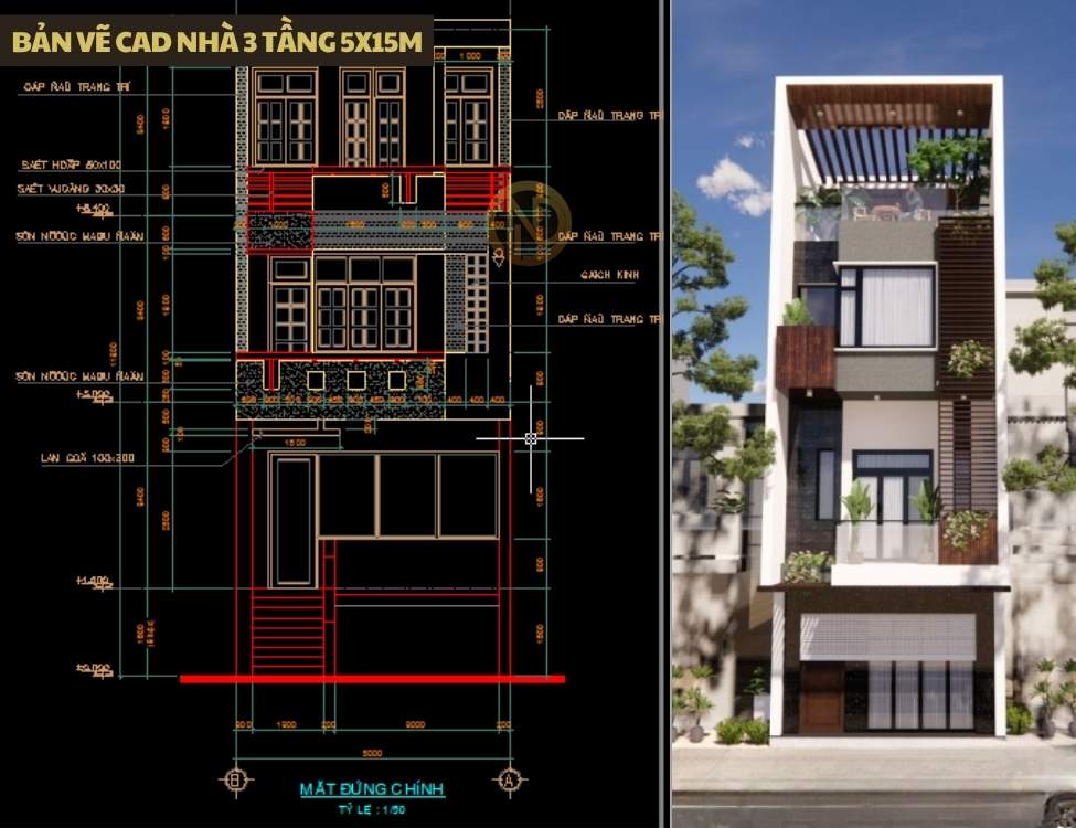 Bản vẽ cad nhà 3 tầng 5x15