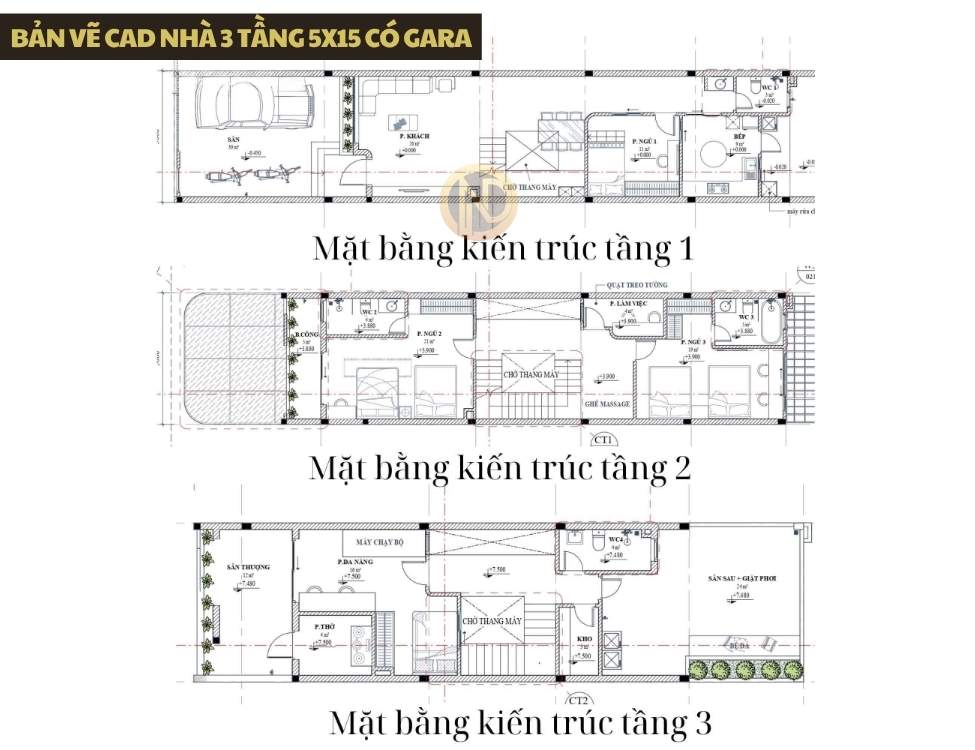 Bản vẽ cad nhà 3 tầng 5x15 có gara