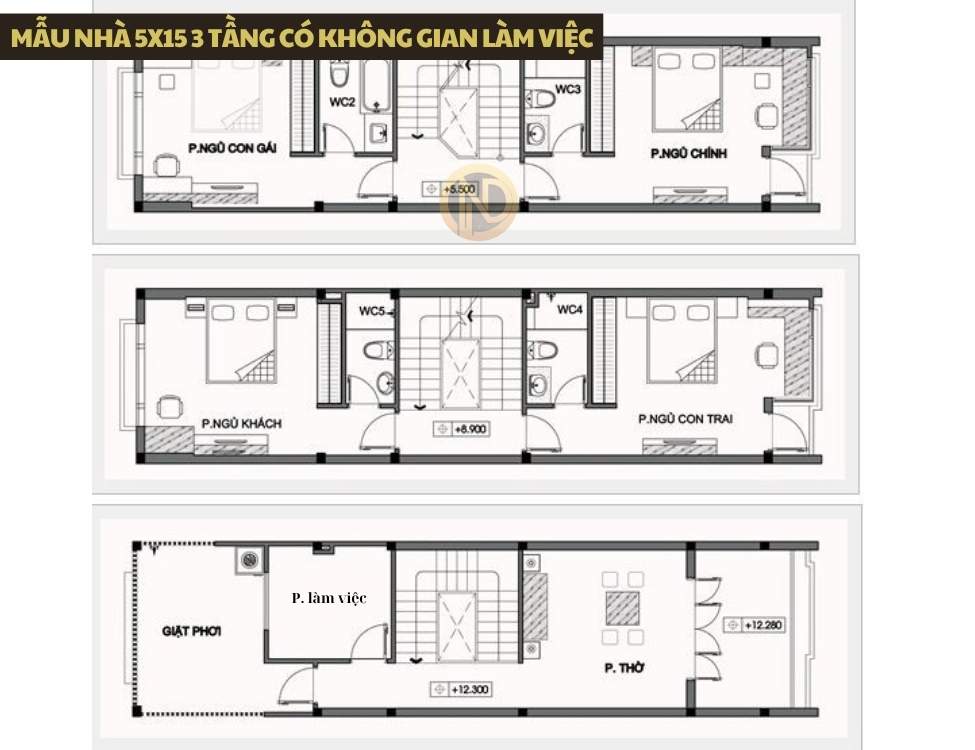 Bản vẽ mẫu nhà 5x15 3 tầng có không gian làm việc